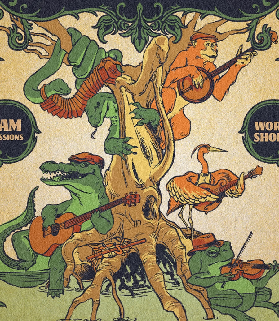Animal musicians gathered around a tree, from the official Southeastern Gathering artwork